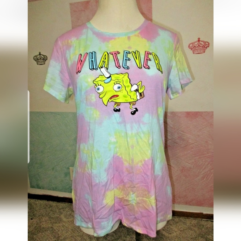 NICKELODEON SPONGEBOB SQUAREPANTS WHATEVER Blue Purple Yellow Tie Dye Shirt NEW